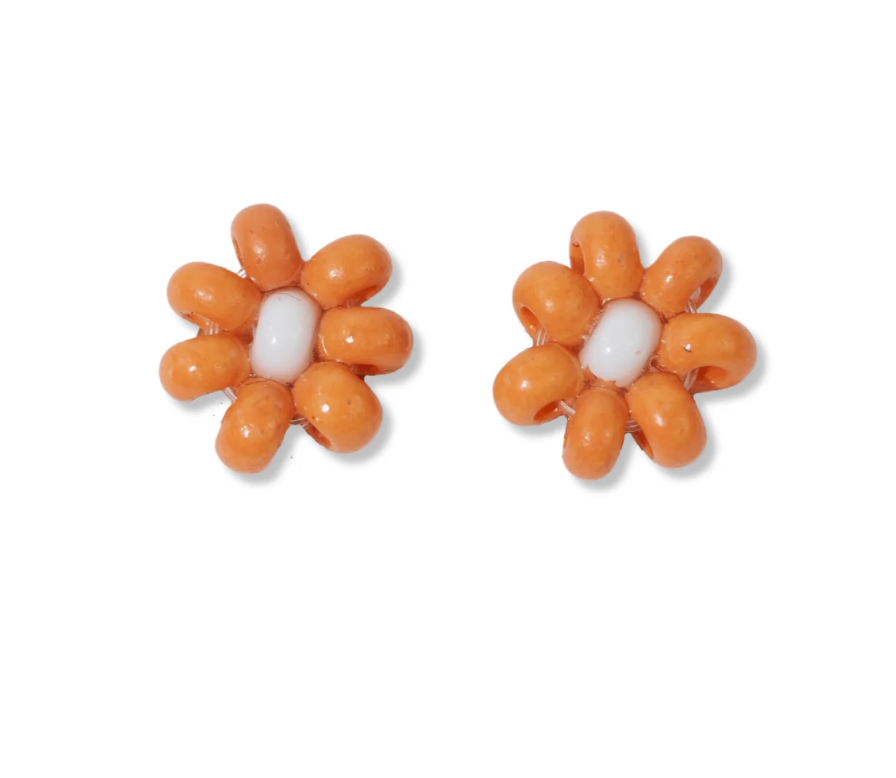 Tina Beaded Post Earrings - Orange/White