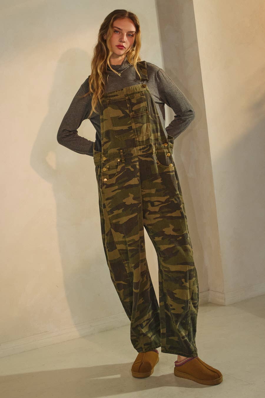 Camo Denim Barrel Overalls