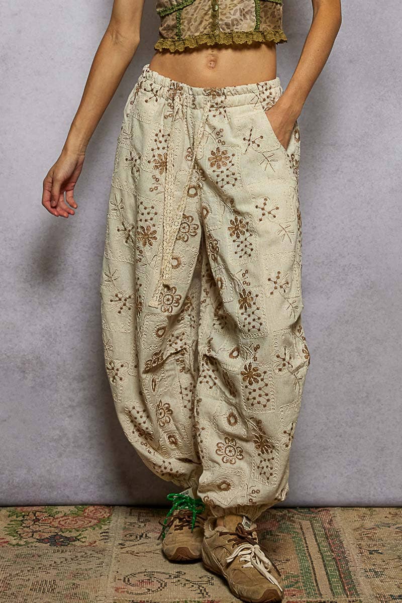 Embroidered & Quilted Woven Pants