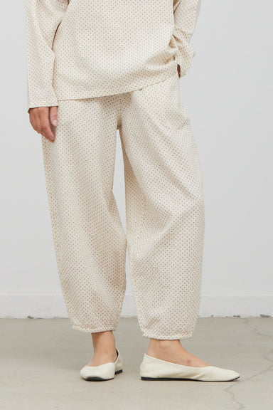 dotted off white gauze pants with a balloon or lantern style leg