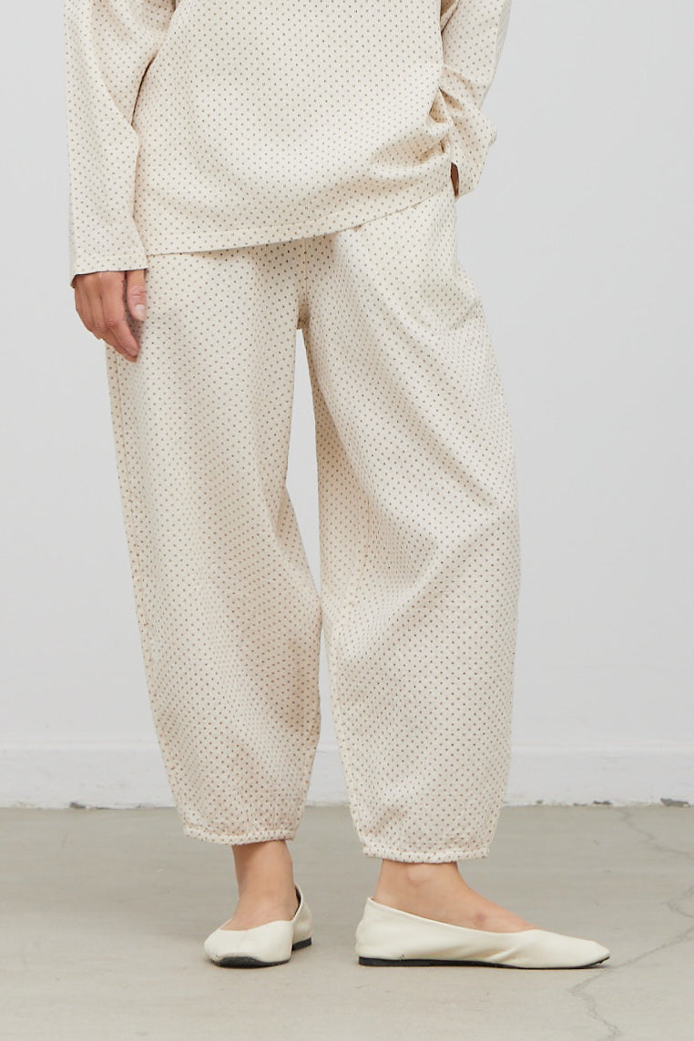 dotted off white gauze pants with a balloon or lantern style leg