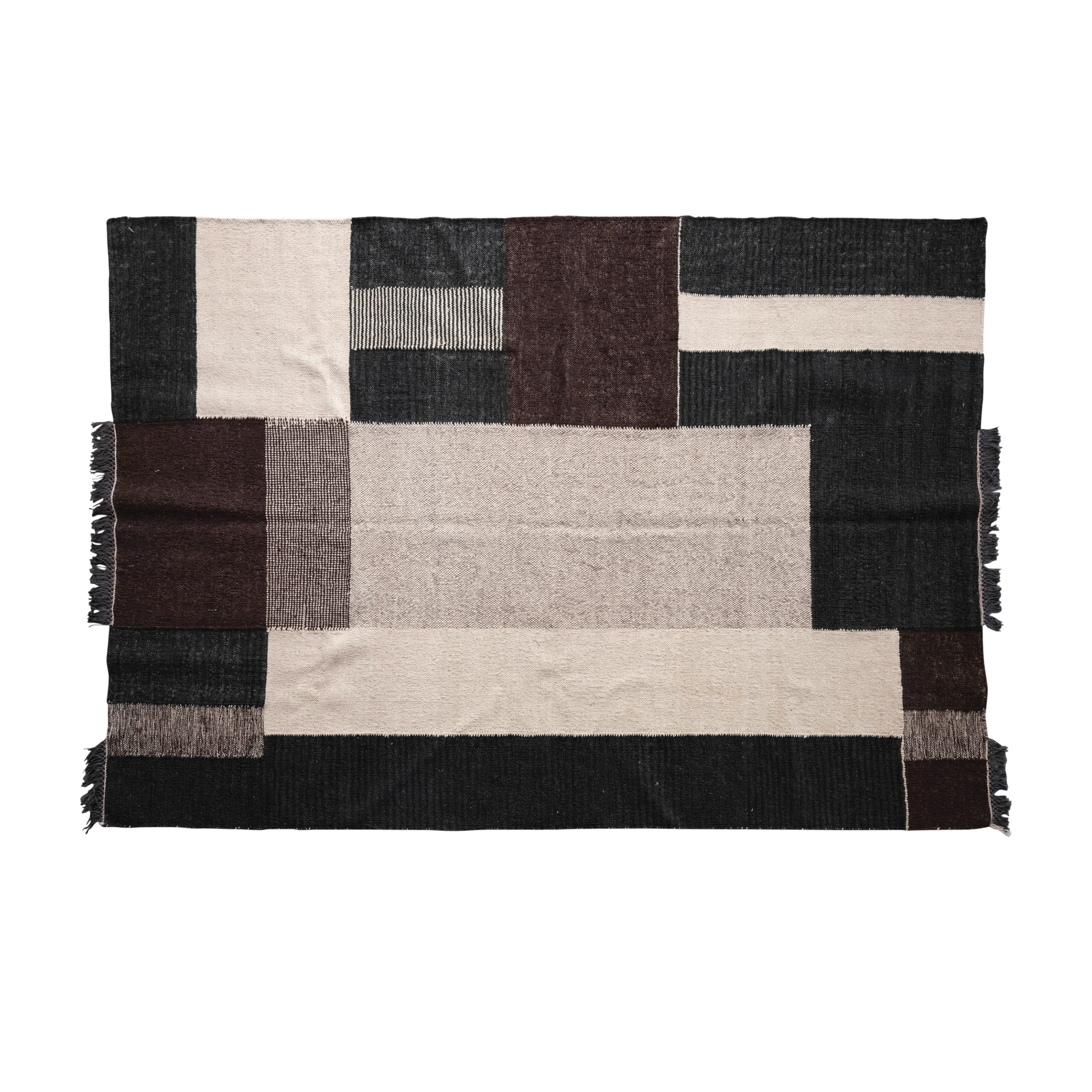 Woven Wool & Cotton Rug w/ Color Block Design