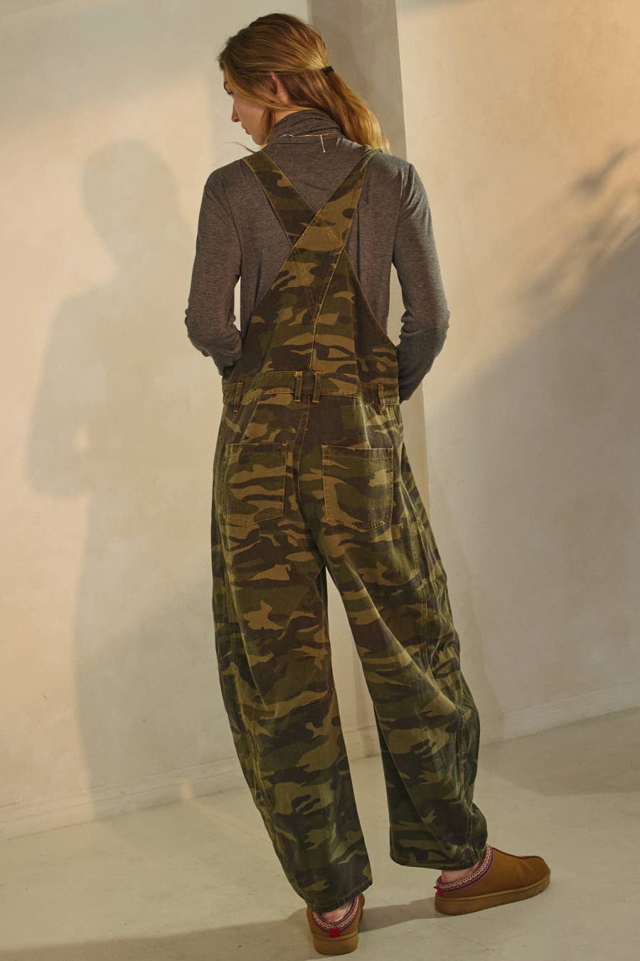 Camo Denim Barrel Overalls