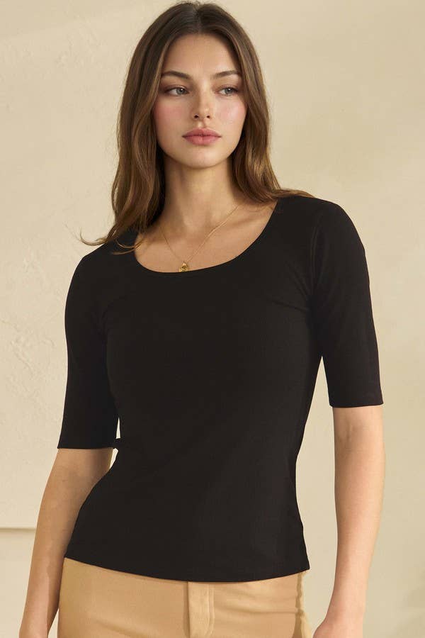 Modern Mid Sleeve Ribbed Fitted Top
