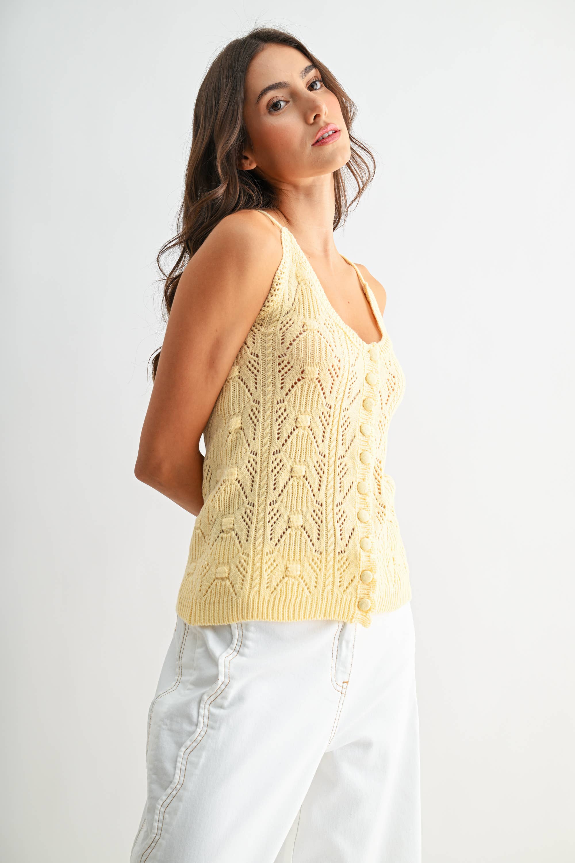 Lace Knit Button-Front Camisole Top