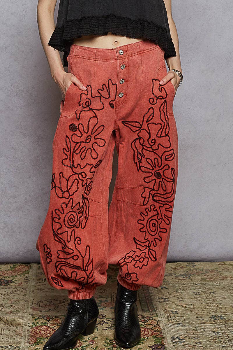 Floral Embroidered Twill Pants