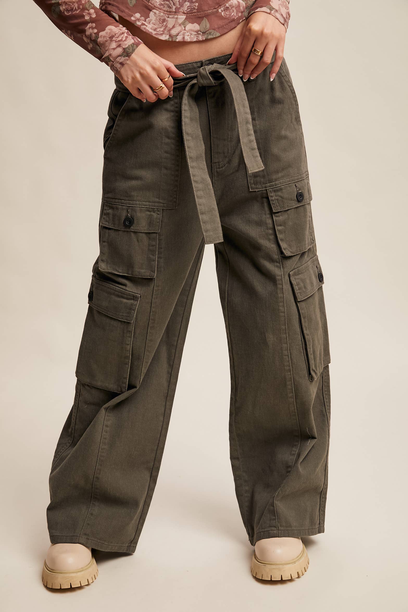Belted Wide-Leg Cargo Pants