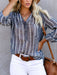 blue with white stripe v-neck blouse with long sleeves