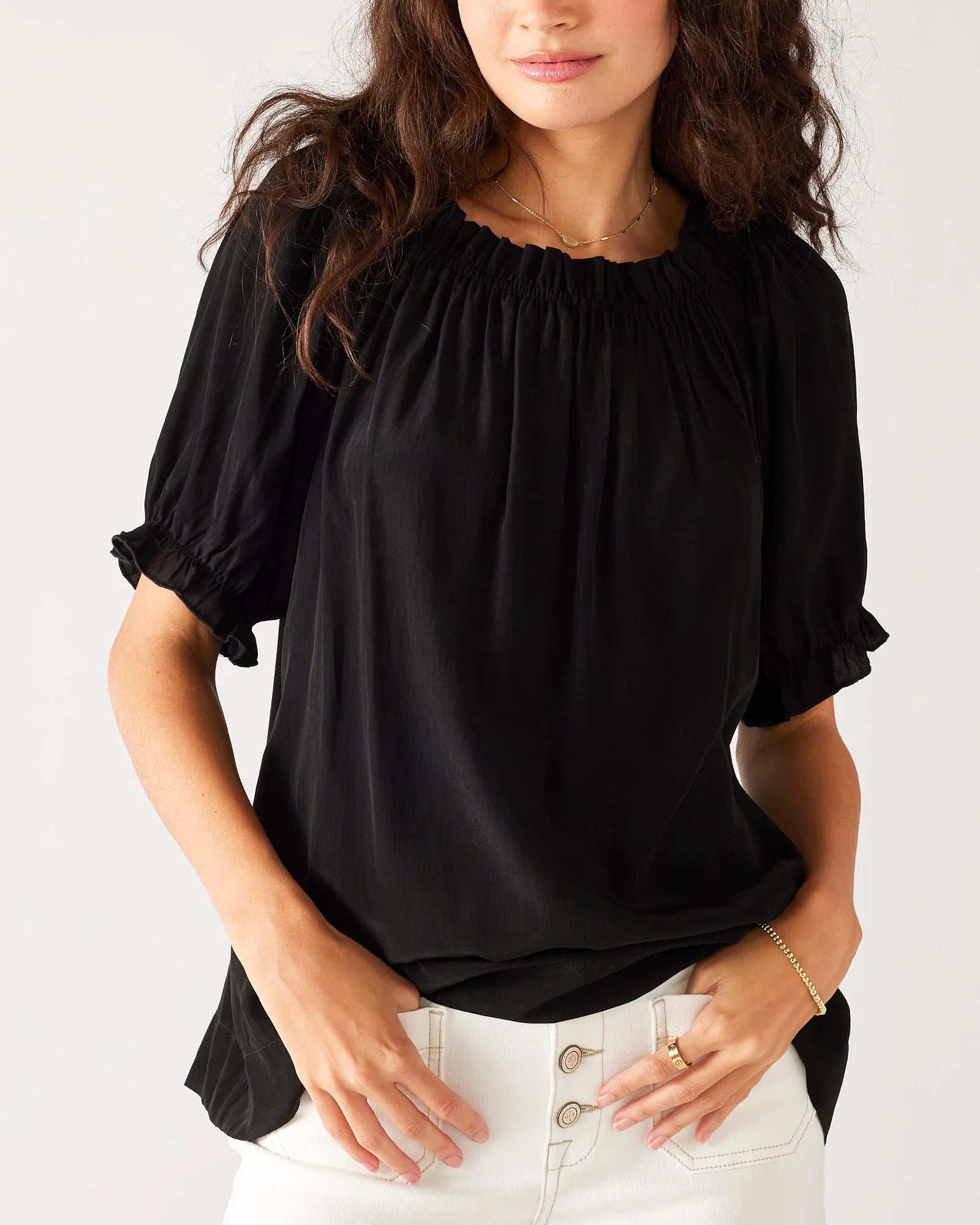 silky short sleeve top, can be worn off the shoulder