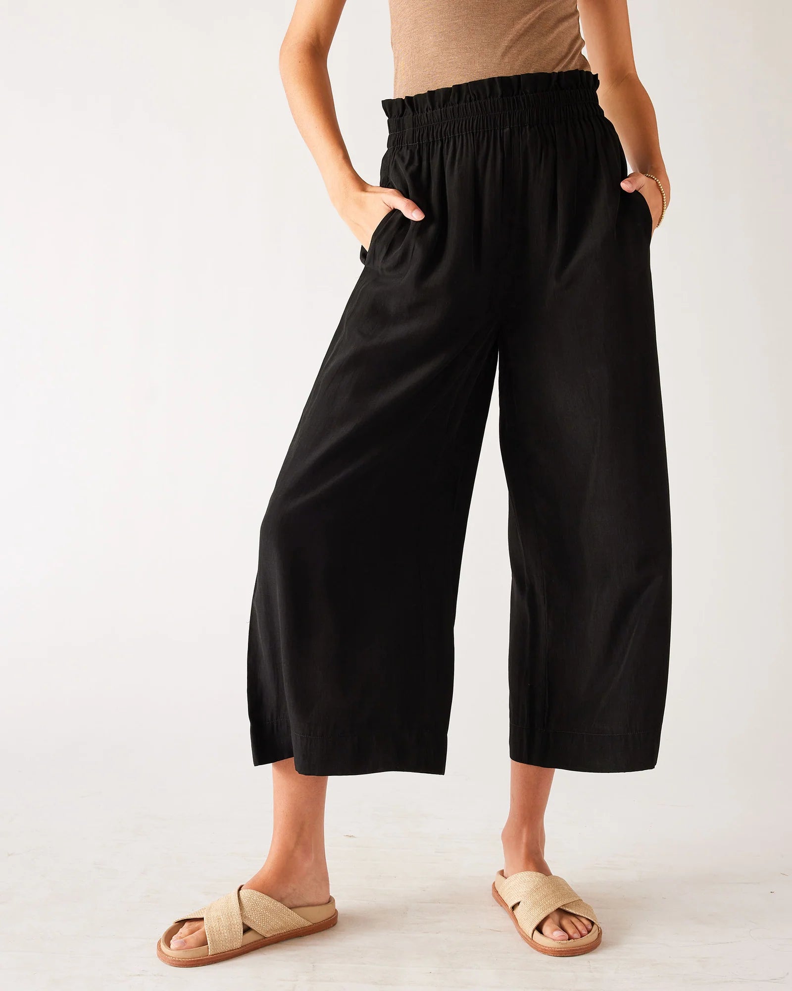 silky cropped pants with elastic waist