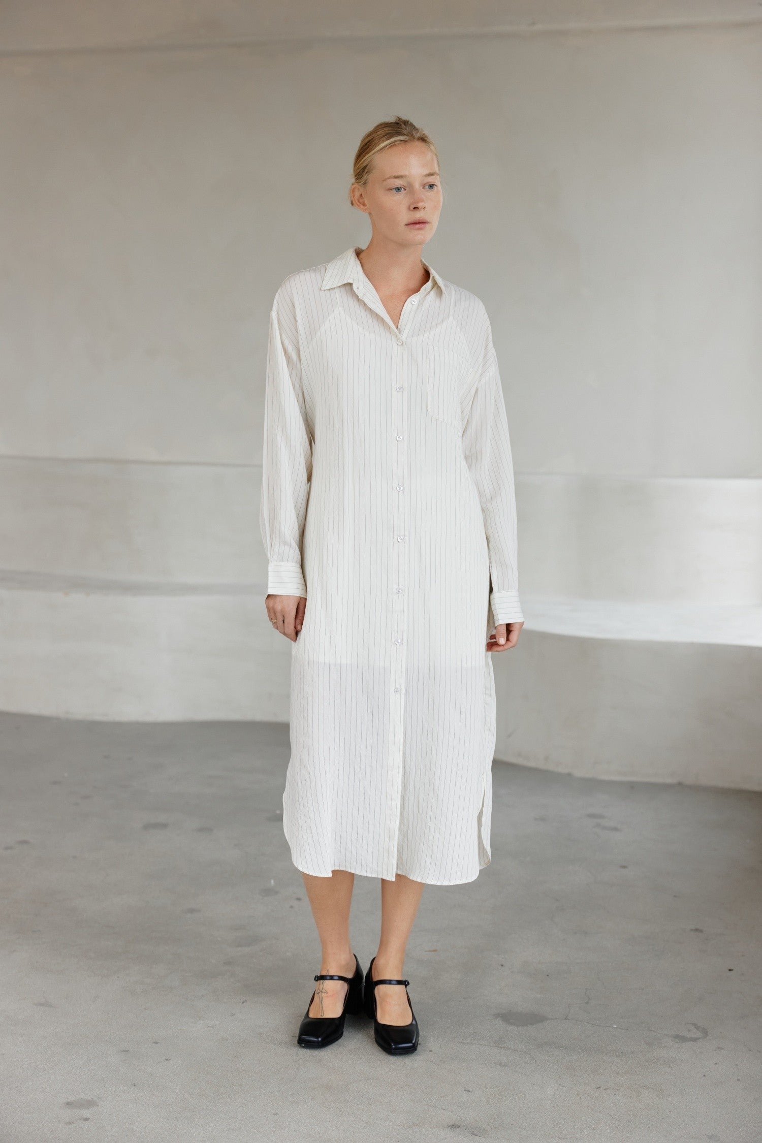 Shirt Dress w/ Pinstripe