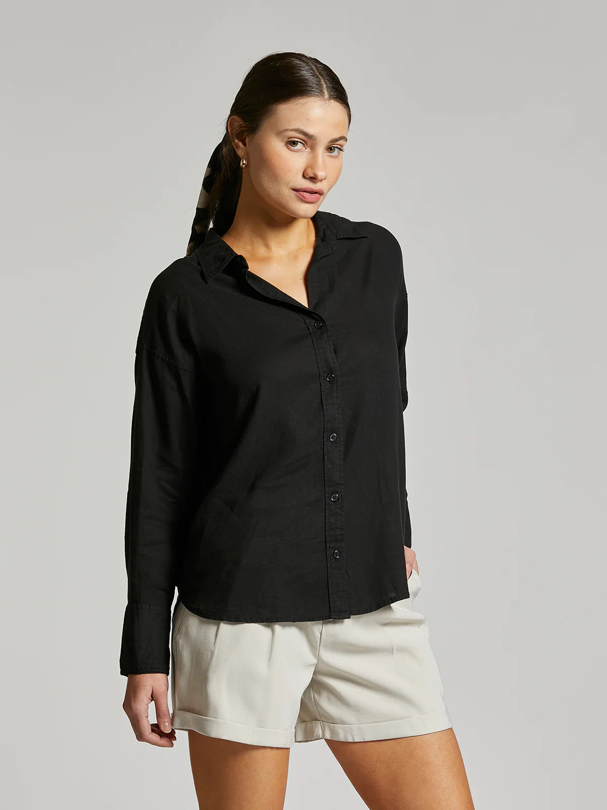 black, long sleeve linen blend button up top with collar